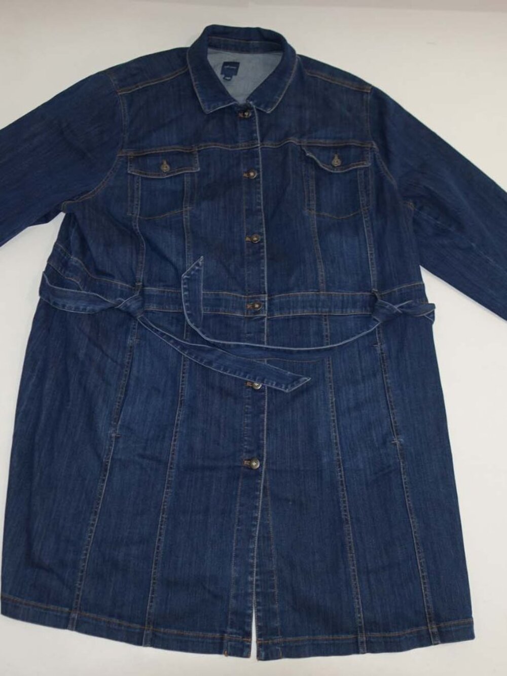 J. Jill Women's Denim Duster Jacket Size 4X Blue Button Front Jean Coat Belted